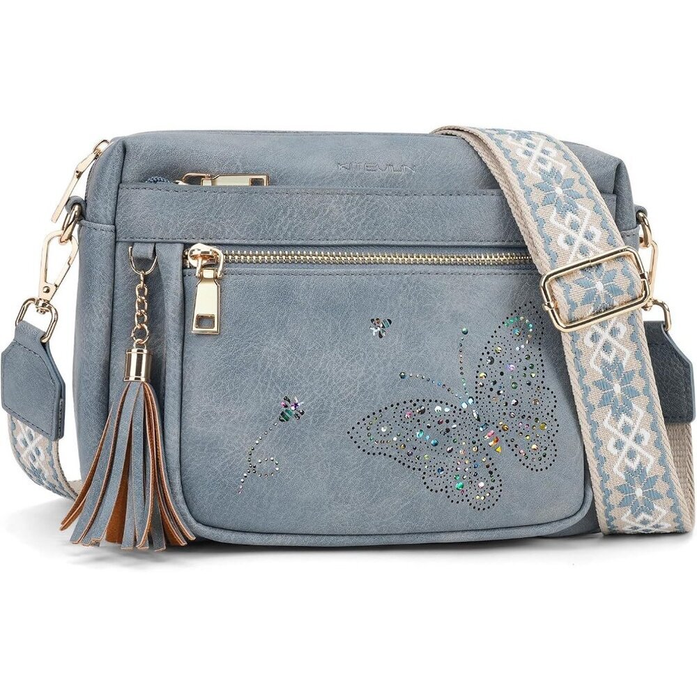Women’s 03-blue Leather Purse Crossbody Bag Handbags Butterfly Design